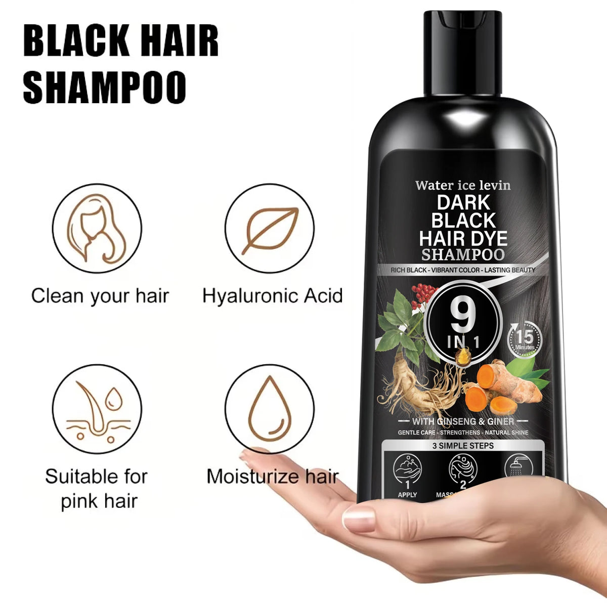 Dark Black Color Enhancing Shampoo with Keratin & Biotin – Gentle Strengthening Hair Care with Ginseng & Ginger, Natural Shade –