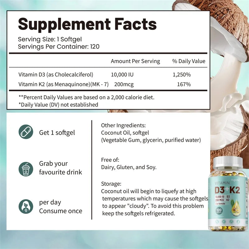 Vitamin D3 + K2 Softgels for Bone, Heart & Immune Support