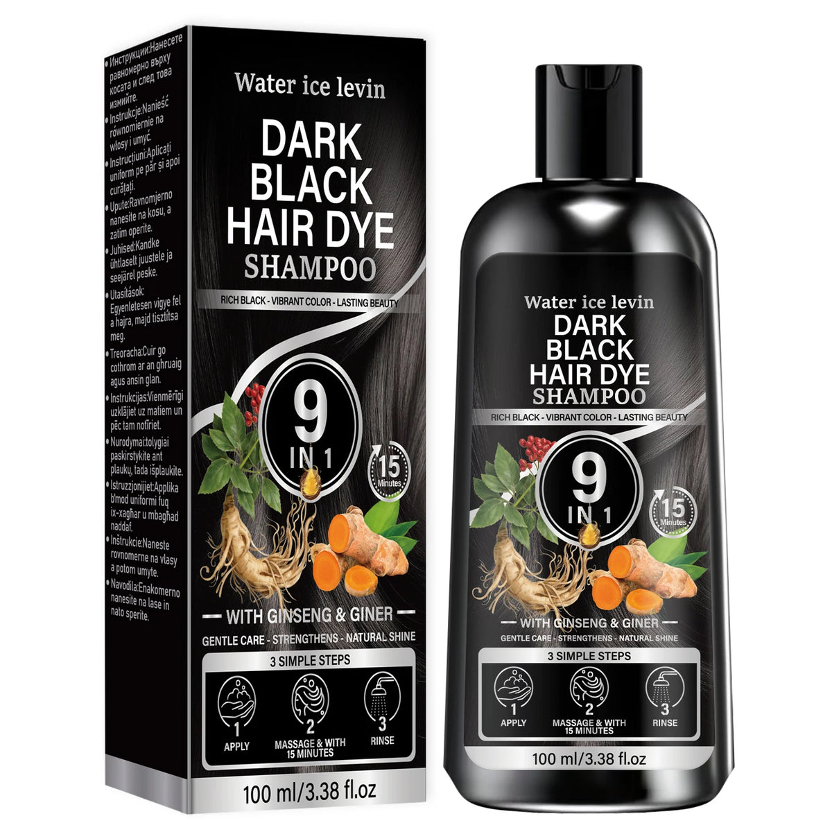 Dark Black Color Enhancing Shampoo with Keratin & Biotin – Gentle Strengthening Hair Care with Ginseng & Ginger, Natural Shade –