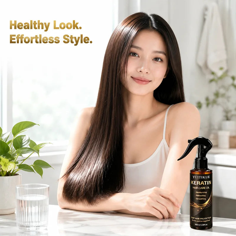 Keratin Hair Oil Spray Hydrate Dry Damaged Hair Anti Frizz Smooth Tangle Refreshing Heat Protection Hair Repair Care Mist